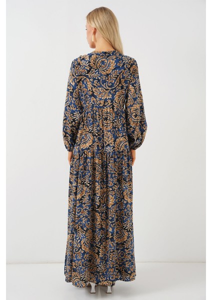 Kadın BDART Düğmeli V Yaka Desenli Maxi Elbise Lacivert