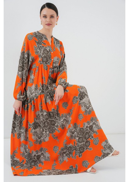 Kadın BDART Düğmeli V Yaka Desenli Maxi Elbise Orange