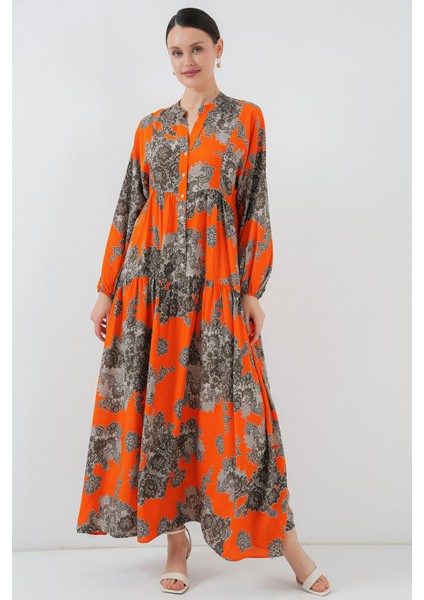 Kadın BDART Düğmeli V Yaka Desenli Maxi Elbise Orange