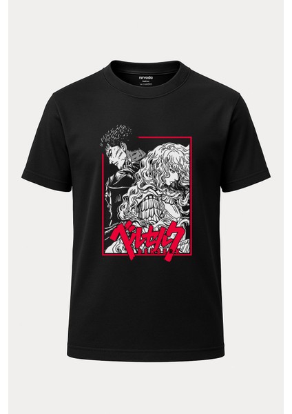 Berserk Manga Baskılı Loose Fit Bisiklet Yaka Unisex Tişört Siyah