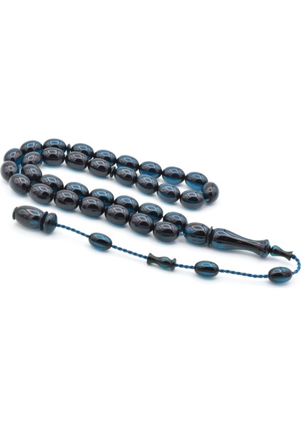 Ahmet Emin Yapımı Tombul Beyzi Kesim Lacivert Sıkma Kehribar Tesbih