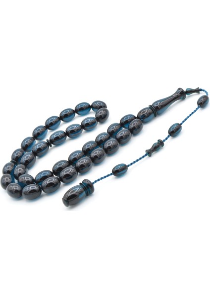 Ahmet Emin Yapımı Tombul Beyzi Kesim Lacivert Sıkma Kehribar Tesbih fiyatları