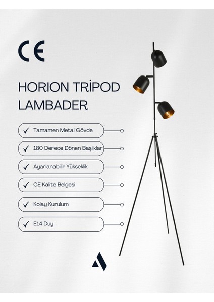 3 Başlıklı Siyah Tripod Lambader – Ayarlanabilir Yükseklik, Metal Gövde, Modern Tasarım fiyatları
