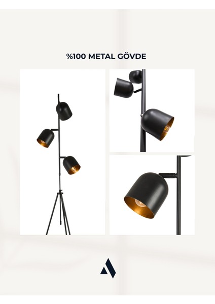 3 Başlıklı Siyah Tripod Lambader – Ayarlanabilir Yükseklik, Metal Gövde, Modern Tasarım fırsatları