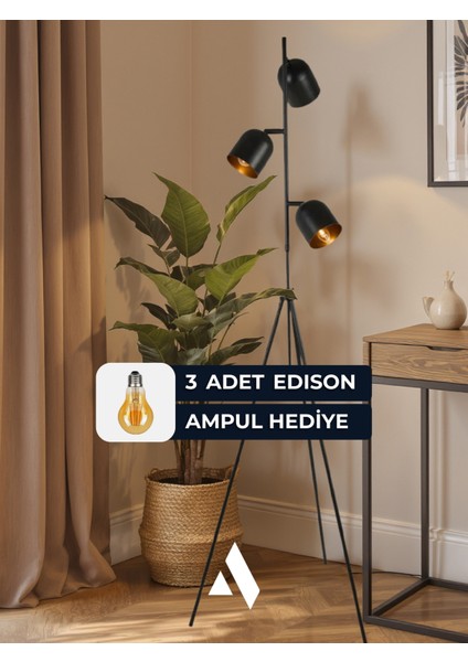 3 Başlıklı Siyah Tripod Lambader – Ayarlanabilir Yükseklik, Metal Gövde, Modern Tasarım modelleri
