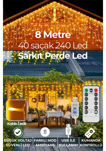 8 Metre 192 Ledli Perde LED Saçaklı Kablolu Fişli Eklenebilir Yılbaşı Parti Organizasyon