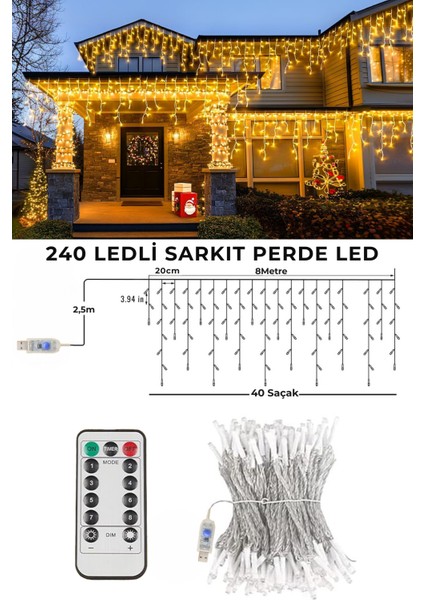 8 Metre 192 Ledli Perde LED Saçaklı Kablolu Fişli Eklenebilir Yılbaşı Parti Organizasyon