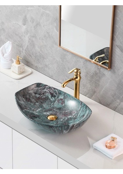 Mermer Desenli Tezgah Üstü Seramik Çanak Lavabo Banyo Lavabosu