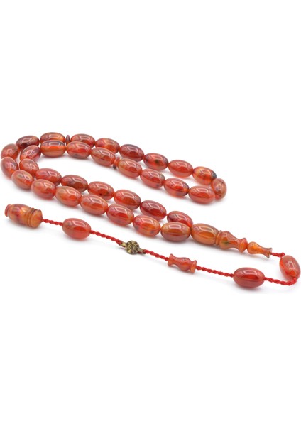 Ahmet Emin Imzalı Badem Kesim Hareli Kırmızı Sıkma Kehribar Tesbih