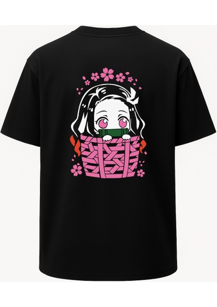 Oversize Nezuko Kamado Demon Slayer Baskılı Unisex Tişört Siyah