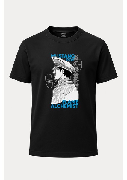 Roy Fullmetal Alchemist Baskılı Loose Fit Bisiklet Yaka Unisex Tişört Siyah