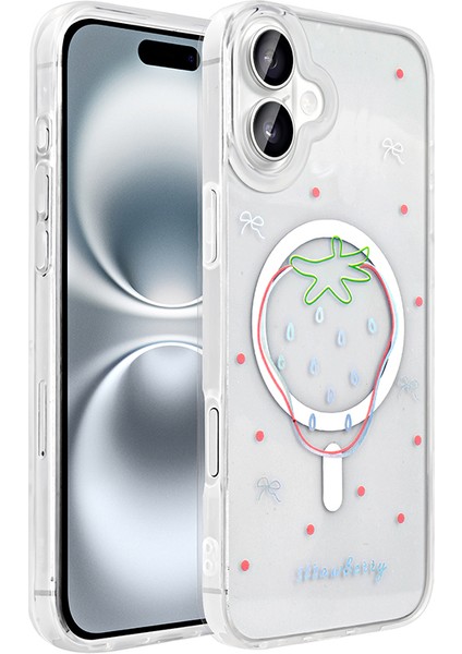 iPhone 16 Kılıf M-Safe Şarj Özellikli Şeffaf Zore Folk Sert Kapak - Çilek fiyatları