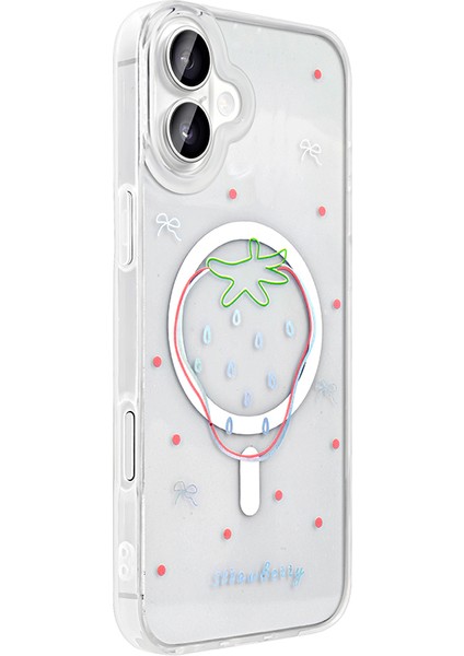 iPhone 16 Kılıf M-Safe Şarj Özellikli Şeffaf Zore Folk Sert Kapak - Çilek modelleri