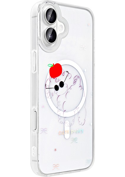 iPhone 16 Kılıf M-Safe Şarj Özellikli Şeffaf Zore Folk Sert Kapak - Çilek fırsatları