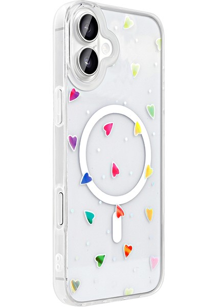 iPhone 16 Kılıf M-Safe Şarj Özellikli Şeffaf Zore Folk Sert Kapak - Çilek