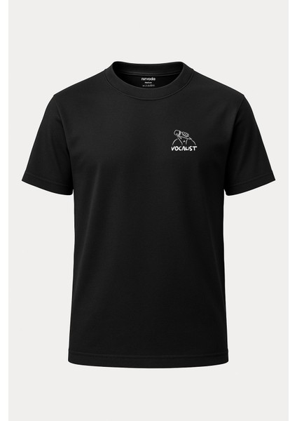 Vokalist Müzik Baskılı Loose Fit Bisiklet Yaka Unisex Tişört Siyah