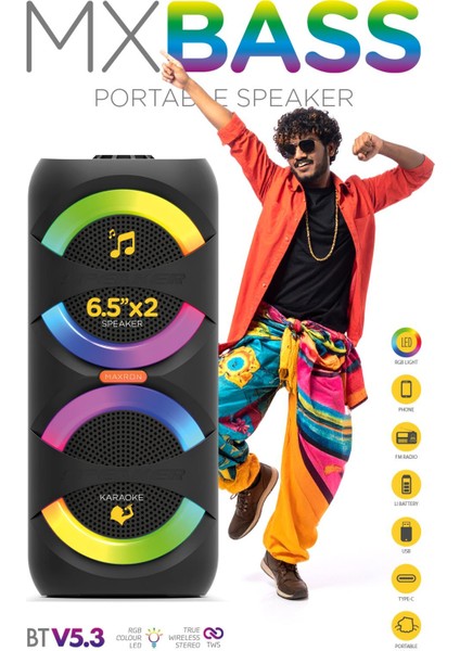 Mxbass 16W Bluetooth Hoparlör LED Işıklı Ses Sistemi Parti Speaker Karaoke Özellikli indirimleri