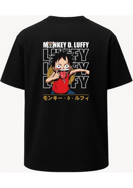 Oversize Monkey D Luffy One Piece Baskılı Unisex Tişört Siyah