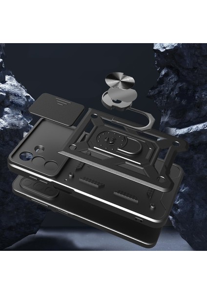 Galaxy A17 Kılıf Magnetik Standlı Kamera Korumalı Zore Sürgülü Vega Kapak - Mavi