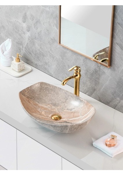 Mermer Desenli Tezgah Üstü Seramik Çanak Lavabo Banyo Lavabosu