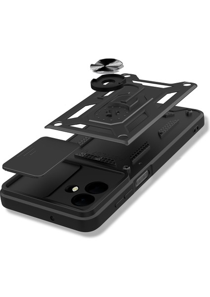 Galaxy A07 Kılıf Magnetik Standlı Kamera Korumalı Zore Sürgülü Vega Kapak - Siyah modelleri
