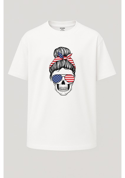 Oversize Amerikan Bandana Gözlüklü Kız Unisex Baskılı Beyaz Tişört