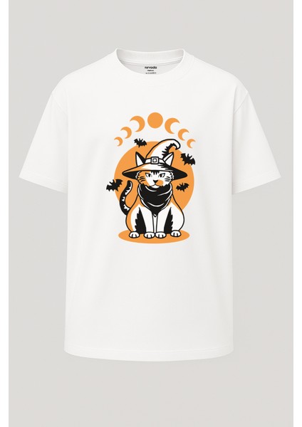 Oversize Halloween Kedisi Cadılar Bayramı Unisex Baskılı Tişört