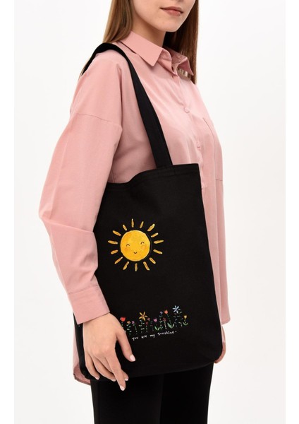 Çınar Bez Alışveriş Çantası %100 Pamuk 35x40 cm Gülümseyen Güneş Baskılı Hafif Su Geçirmez