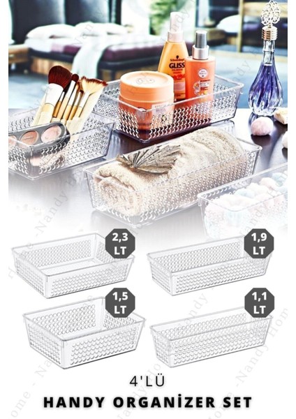 Sert Plastik Şeffaf Dolap ve Buzdolabı Organizer Seti 4 Boy 2,3L 1,9L 1,5L 1,1L Mutfak Düzeni