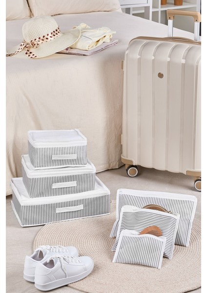 6'lı Valiz Düzenleyici Seti Gri Çizgili Fermuarlı Dayanıklı Kumaş 36x27x13 ve 18x14,5 cm fiyatları