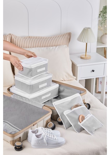 6'lı Valiz Düzenleyici Seti Gri Çizgili Fermuarlı Dayanıklı Kumaş 36x27x13 ve 18x14,5 cm modelleri