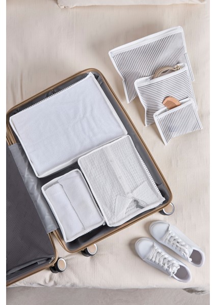 6'lı Valiz Düzenleyici Seti Gri Çizgili Fermuarlı Dayanıklı Kumaş 36x27x13 ve 18x14,5 cm