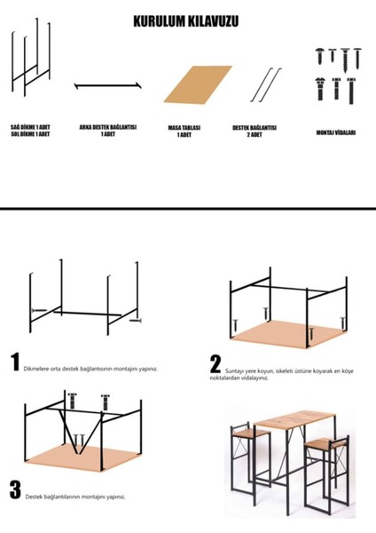 Modern Bar Yemek Masası Takımı Suntalam Gövde Metal Ayak 100x45x95 cm Doğal Ahşap Renkli Demonte