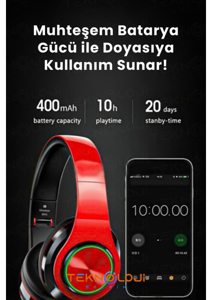 Teknoloji Gelişim Bluetooth 5.0 Kulaküstü Mikrofonlu LED Işıklı Katlanabilir AUX ve SD Kart Girişli
