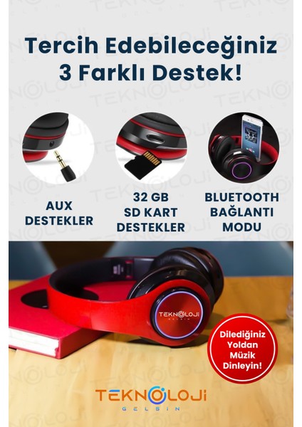 Teknoloji Gelişim Bluetooth 5.0 Kulaküstü Mikrofonlu LED Işıklı Katlanabilir AUX ve SD Kart Girişli