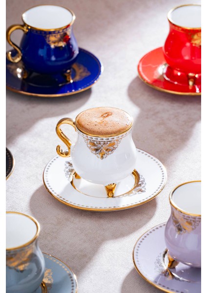 Hemera Porselen Desenli 12 Parça Kahve Fincanı Takımı Beyaz ve Altın Detaylı Özel Tasarım modelleri
