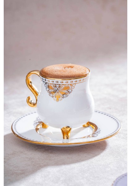 Hemera Porselen Desenli 12 Parça Kahve Fincanı Takımı Beyaz ve Altın Detaylı Özel Tasarım