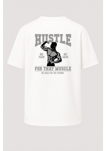 Oversize Hustle Fitness Baskılı Gym Tişört