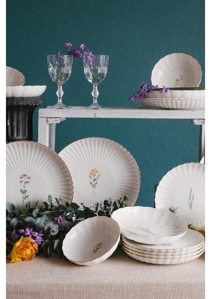 6 Parça 21 cm Beyaz Çiçek Desenli Şık Porselen Pasta Servis Takımı