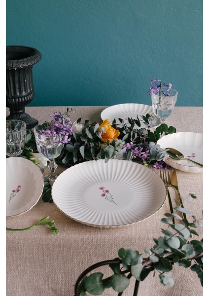 6 Parça 21 cm Beyaz Çiçek Desenli Şık Porselen Pasta Servis Takımı