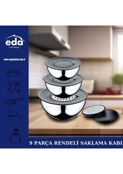9 Parça Rendeli Karıştırma ve Saklama Kabı Seti 18/10 Çelik 16-24 cm Mikrodalga Uyumlu fiyatları