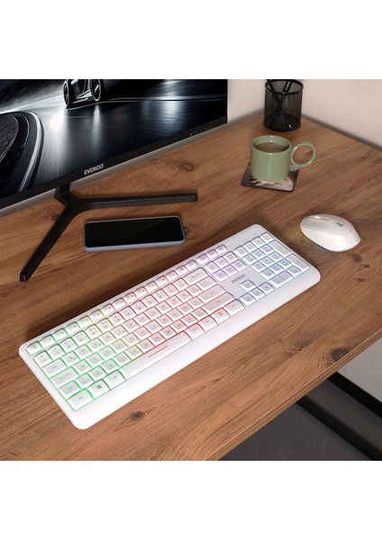 KM-1500 Beyaz Kablosuz Rainbow Aydınlatmalı Q Multimedia Klavye ve Mouse Seti fiyatları