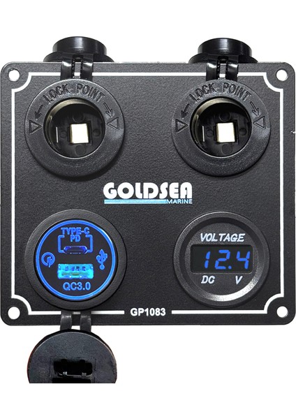 Marin Şarj + Voltmetre + Usb Type-C 3.0 + Çakmak Soketi Metal Çerçeveli 12-24v 110 X 110mm