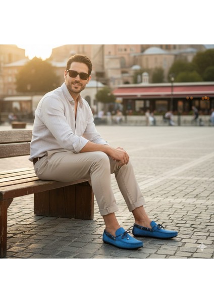Loafer Mavi Hakiki Deri Süet Yüzey Erkek Yazlık Trend Ayakkabı