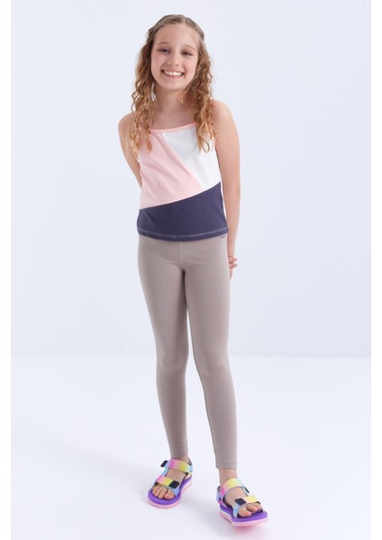 Koyu Bej Yüksek Bel Dar Paça Kız Çocuk Tayt - 75047