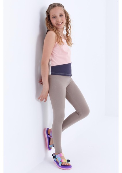 Koyu Bej Yüksek Bel Dar Paça Kız Çocuk Tayt - 75047