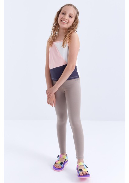 Koyu Bej Yüksek Bel Dar Paça Kız Çocuk Tayt - 75047