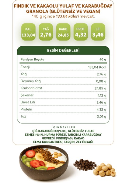 Fındık ve Kakaolu Yulaf & Karabuğday Granola 300 g (Glütensiz & Vegan) indirimleri