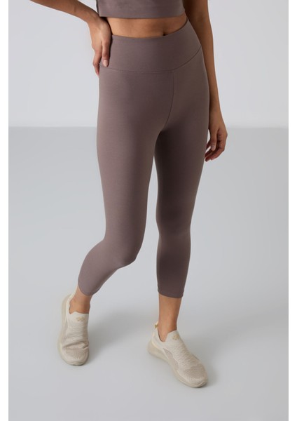 Kahverengi Yüksek Bel Kapri-Crop T-Shirt Slim Fit Kadın Tayt Takım - 95285