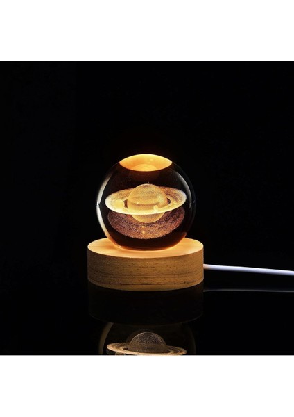 3D Satürn Kristal Küre Lamba – USB Li LED Işıklı Ahşap Standlı Dekoratif Masa Lambası Rgb LED